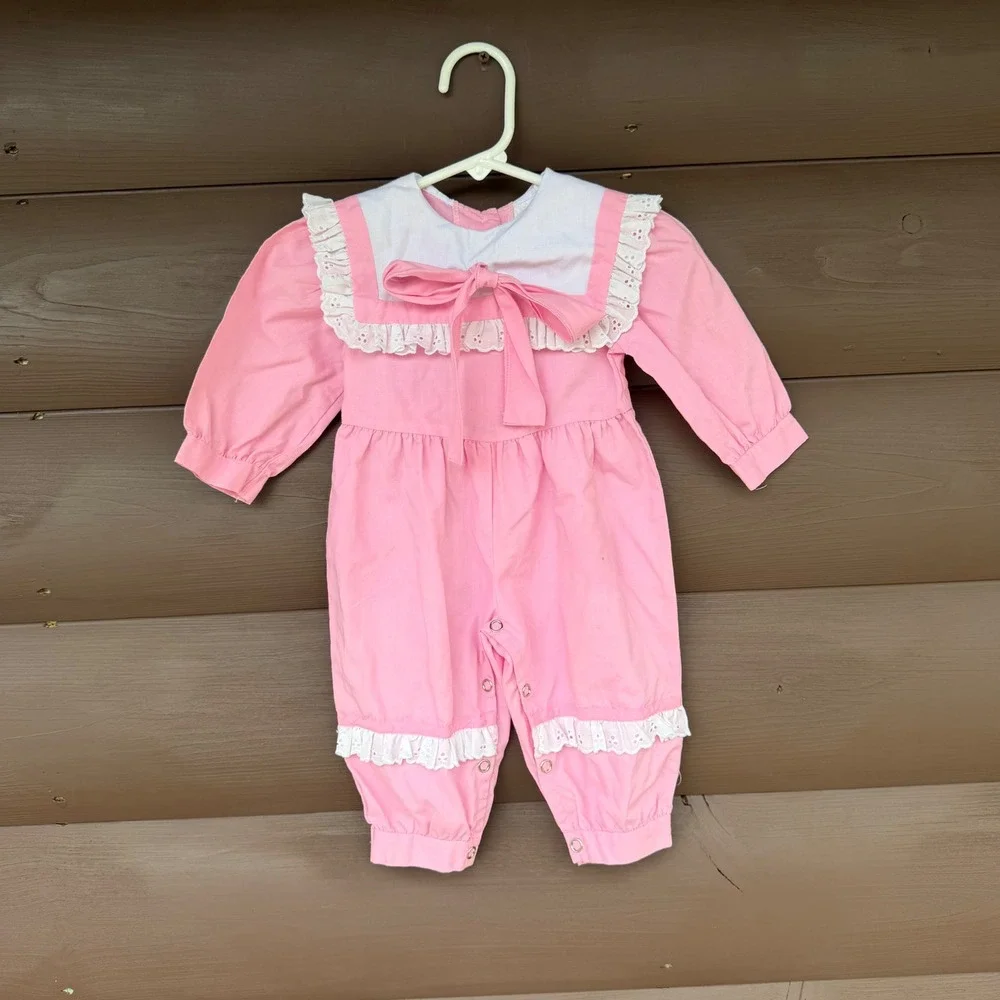 Vintage Fancy Pants Romper Kids 3/6M Pink Sailor Collar Eyelet Lace Bow